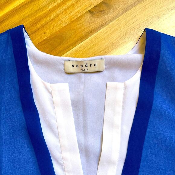 Sandro Paris V Neck Mod Color Lined Shift Flowy Mini Dress Blue Size 1 Small - Picture 5 of 10